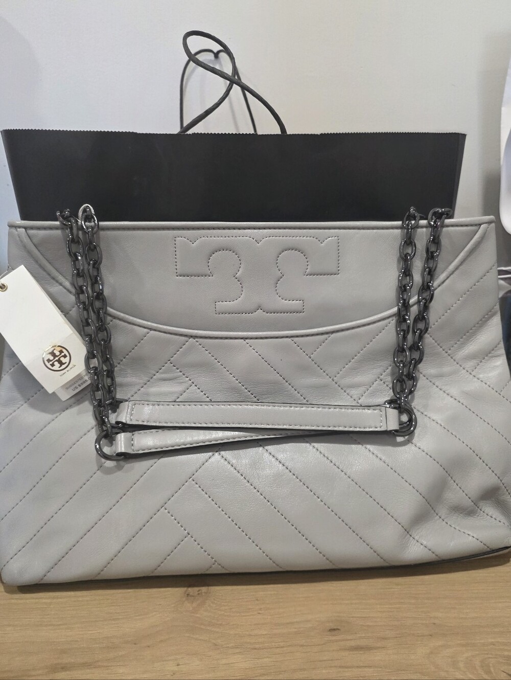 Tory Burch Quilted Light Gray Leather Tote with Logo